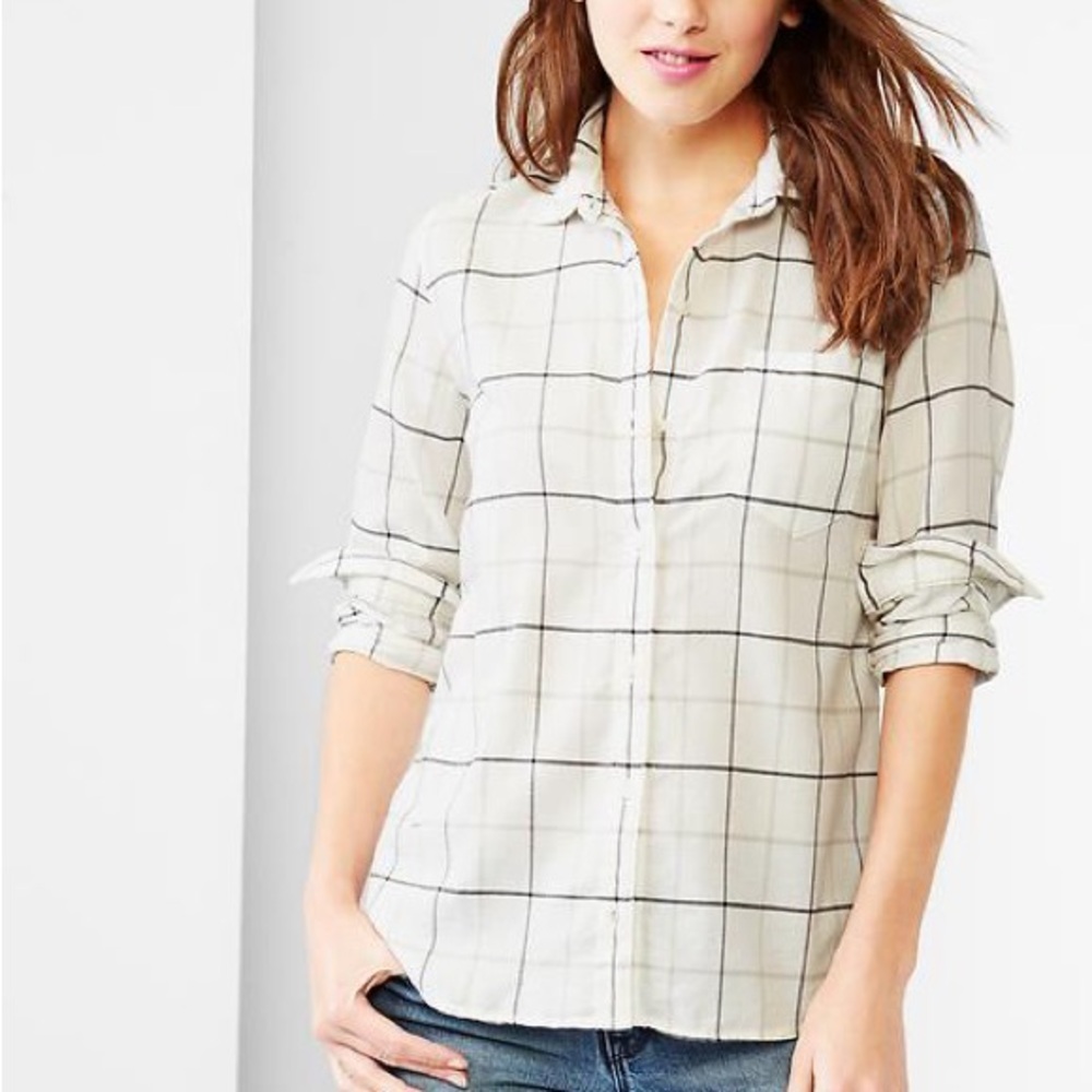 Loft Softened Cream & Black Plaid Long Sleeve Half button shirt